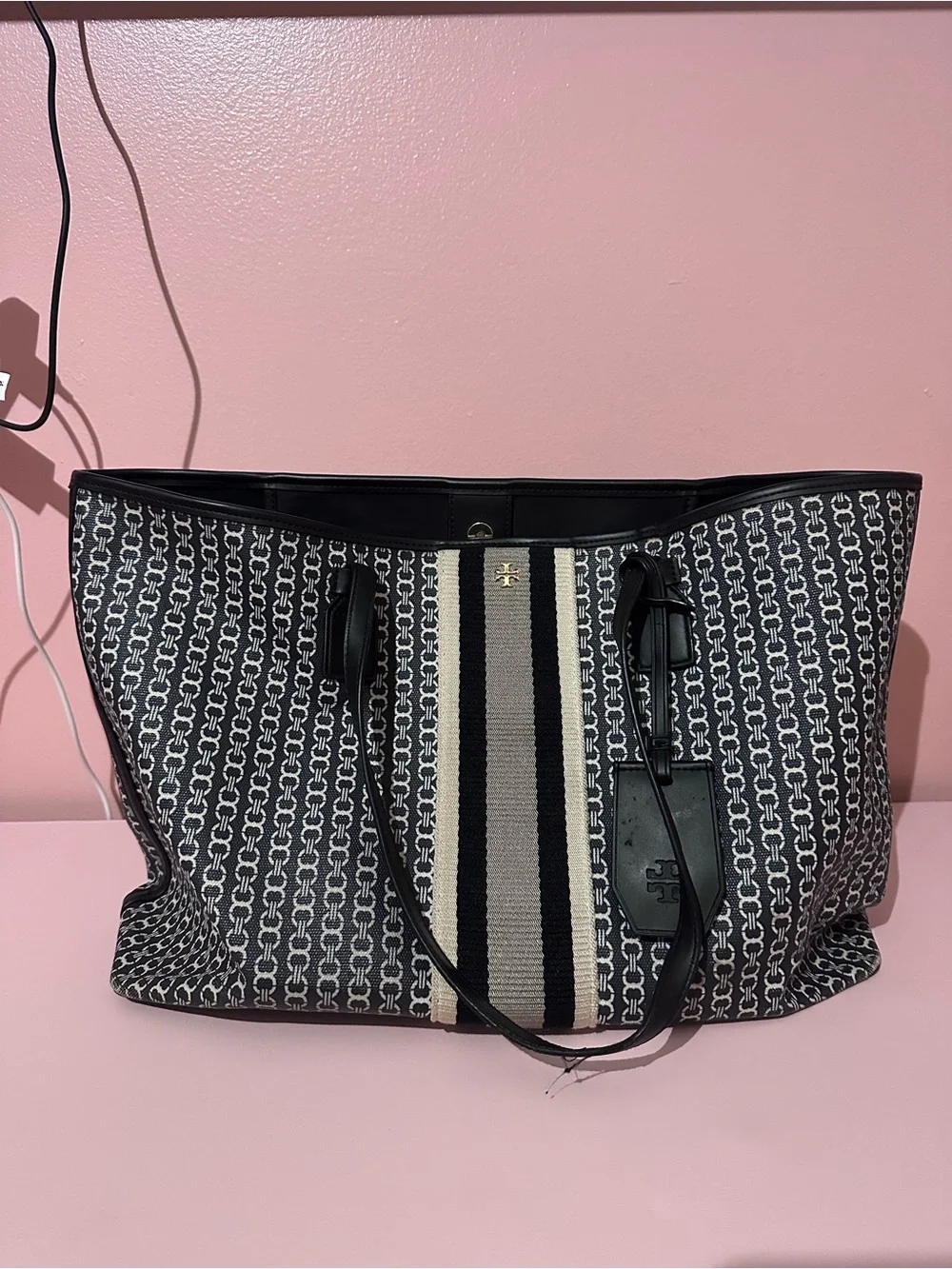 Tory Burch Black & Cream Signature Stripe Tote